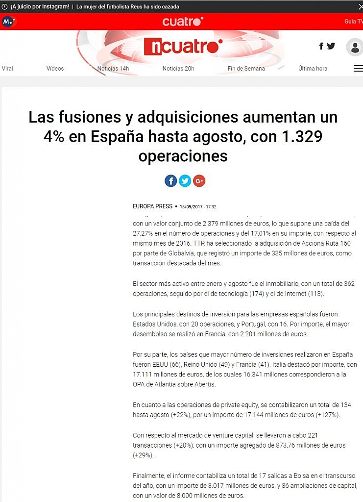 Las fusiones y adquisiciones aumentan un 4% en Espaa hasta agosto, con 1.329 operaciones